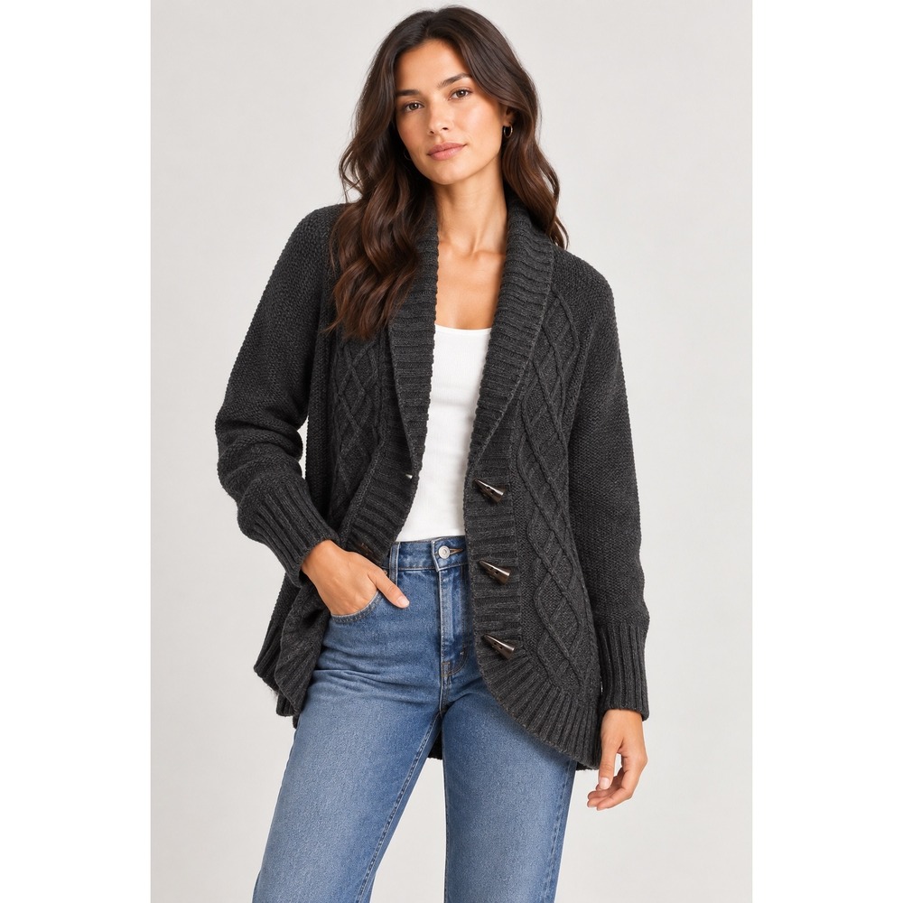 Market & Spruce Womens Gray Cable Knit Shawl Collar Toggle Cardigan Sweater M